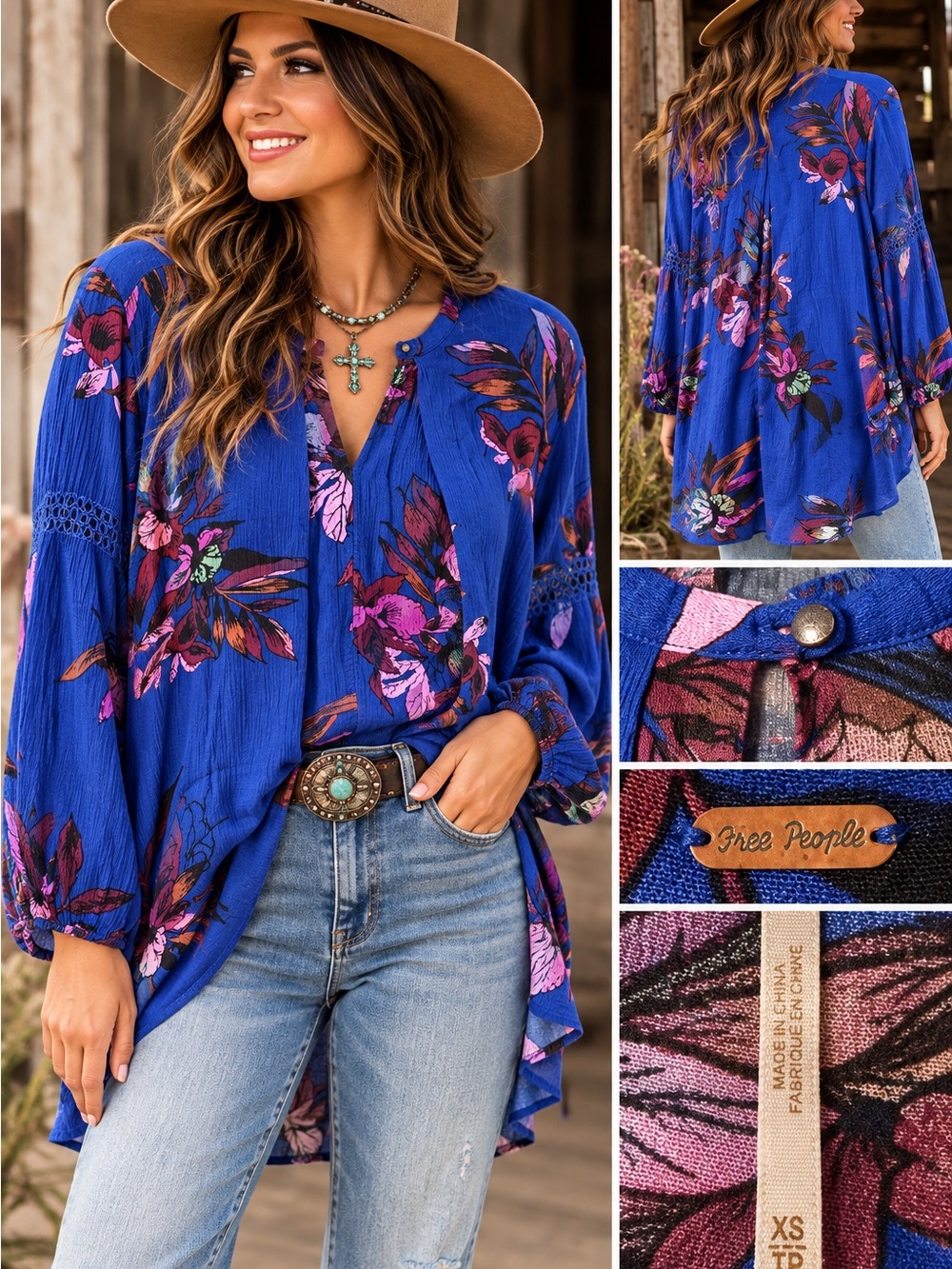 Free People Blue Floral Boho Tunic Blouse Bell Sleeve XS
